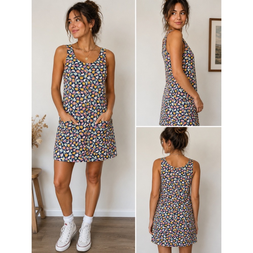 90s Vintage Express EXP Floral Denim Jumper Dress Navy Blue Mini XS Retro Pocket